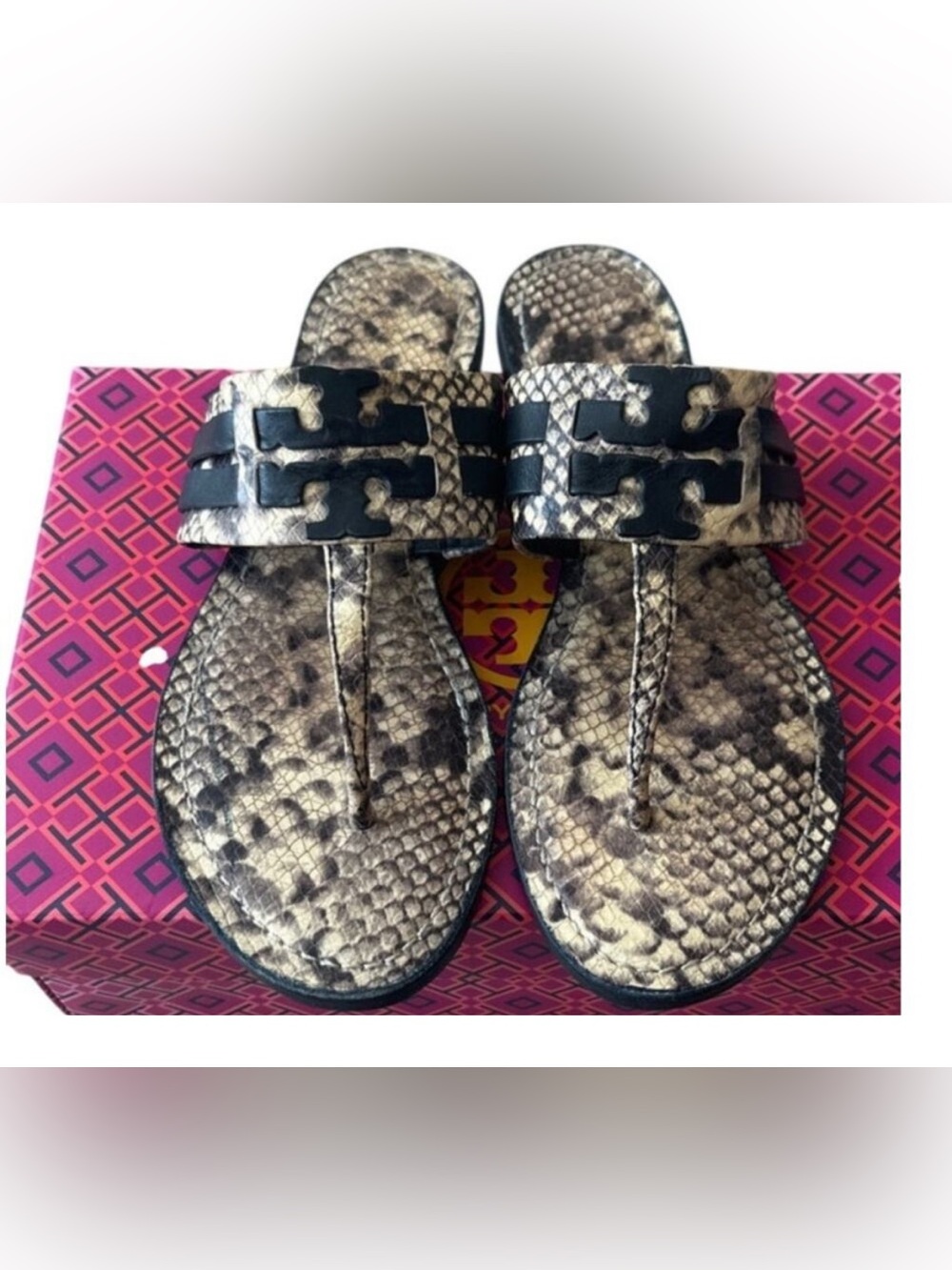 Tory Burch Leigh Thong Sandals 9.5 Roccia Snakeskin Black Logo